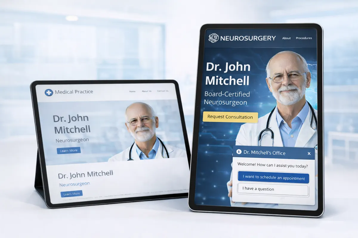 Template medical site on the left, bespoke neurosurgeon site on the right, shown side-by-side on two tablets