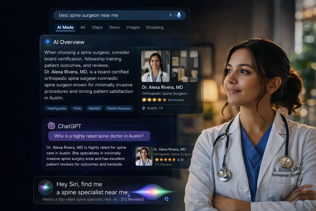 Google AI Overview, ChatGPT, and Siri each recommending the same orthopedic spine surgeon by name