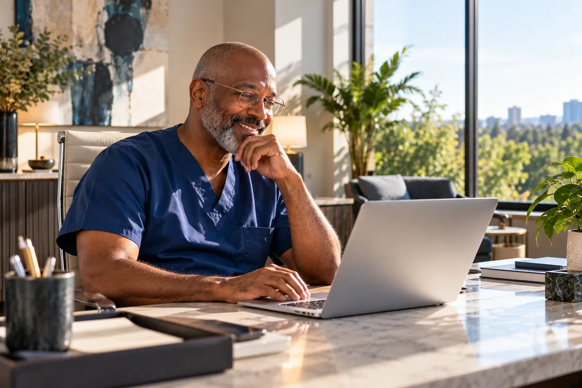 Physician in navy scrubs smiling at his laptop in a sunlit office as he checks what AI says about his practice