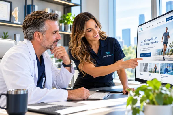 Surgeon and a Propelled MD web designer reviewing a custom medical practice website on a large monitor
