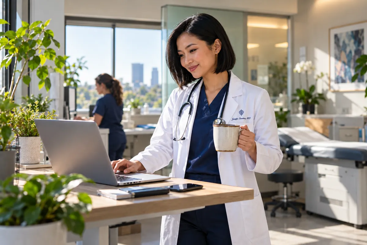 Young doctor at a clinic standing desk, coffee in hand, updating her NPI, Doximity and Healthgrades physician profiles on a laptop