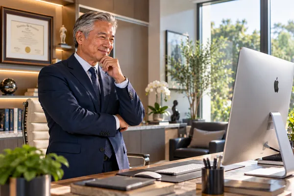 Surgeon in a navy suit in his bright office, smiling as he considers his practice website on a large monitor