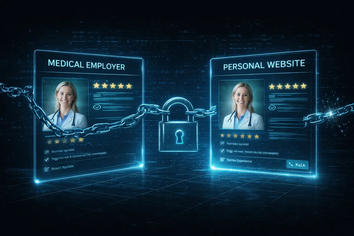 A physician profile on a medical employer website locked in chains, beside the same physician on a personal website breaking free