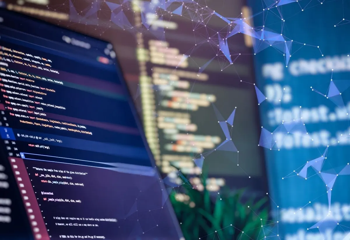 Website code on screens overlaid with a network of connected nodes, the entity graph search engines use to identify a physician