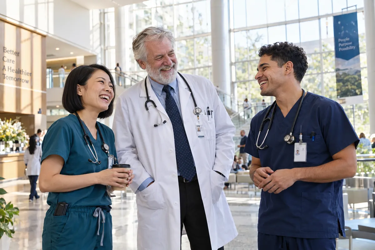 Two young physicians laughing with a senior attending in a bright hospital atrium, the kind of colleagues fellowship directors want to meet