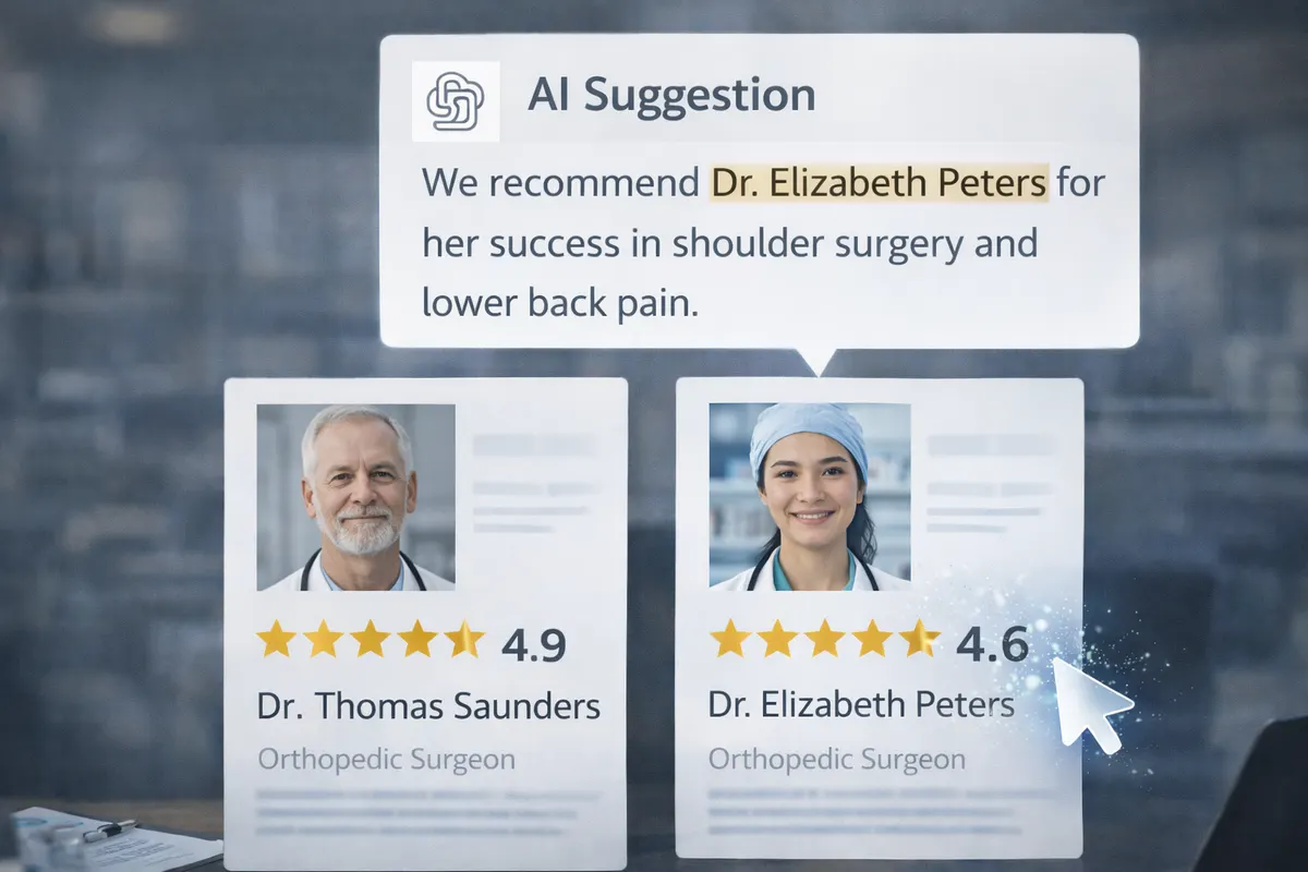 AI recommending a 4.6-rated orthopaedic surgeon over a 4.9-rated one based on content between the stars