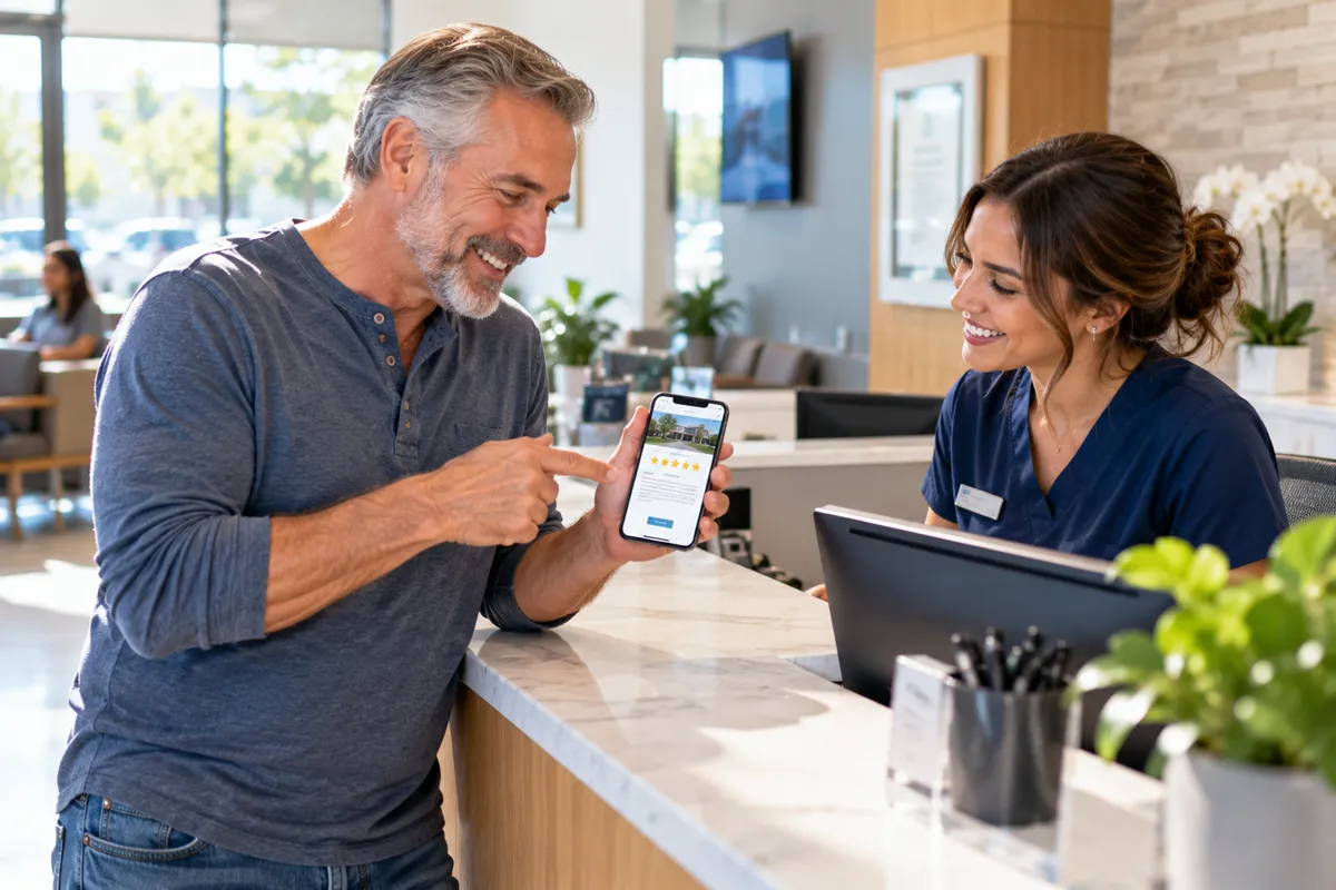 Happy patient at a clinic front desk showing the receptionist the five star review he left for his doctor
