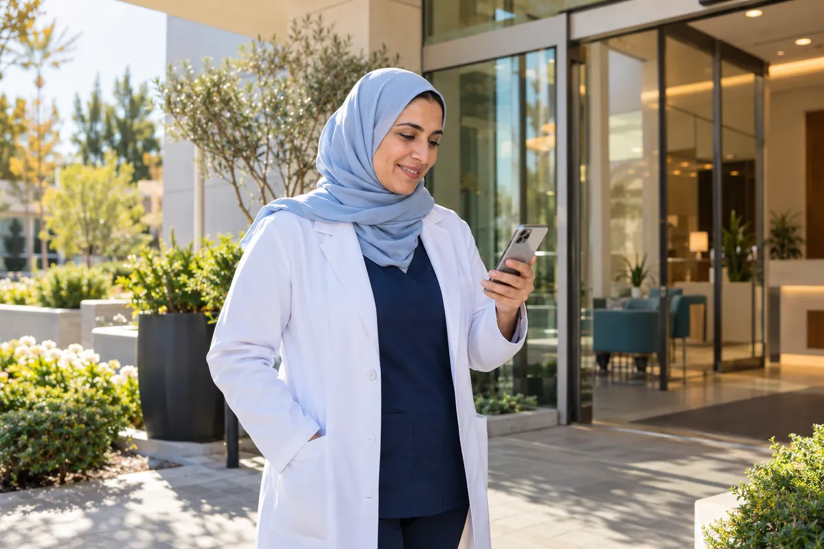 Doctor in a light-blue hijab and white coat outside her modern clinic, smiling as she checks her phone