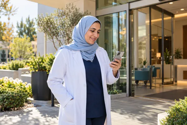 Doctor in a light-blue hijab and white coat outside her modern clinic, smiling as she checks her phone