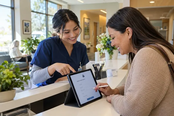 Medical assistant at a clinic front desk helping a patient complete a secure HIPAA compliant online form on a tablet