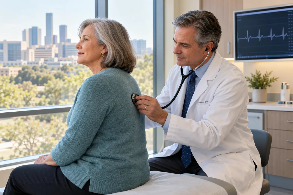Cardiologist in a white coat listening to an older woman's heart with a stethoscope in a calm Houston exam room