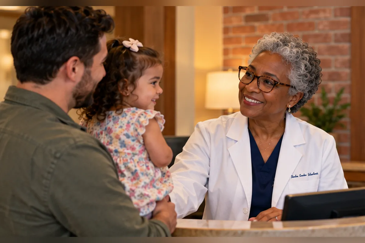 Doctor in a white coat with her name and practice logo embroidered on it, smiling with a new patient at the front desk of a bright Indianapolis clinic