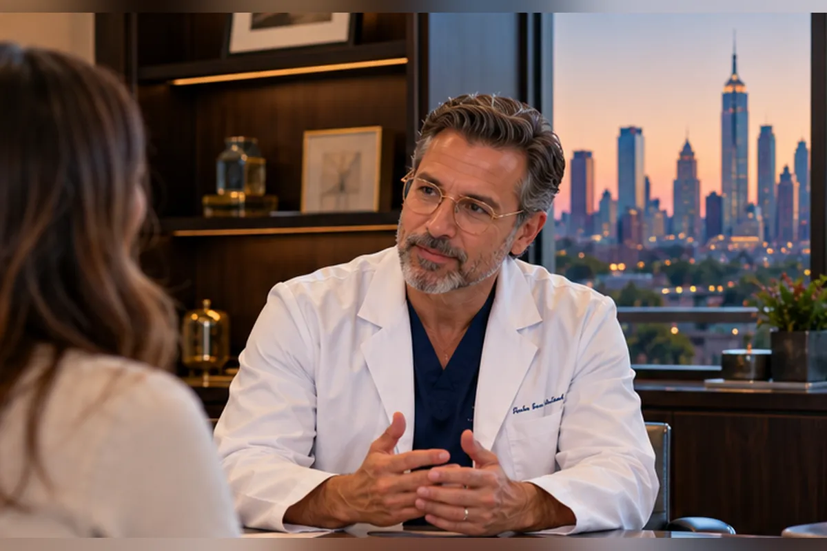 Plastic surgeon in a white coat in a refined New York consultation room, talking with a client, with the Manhattan skyline at dusk