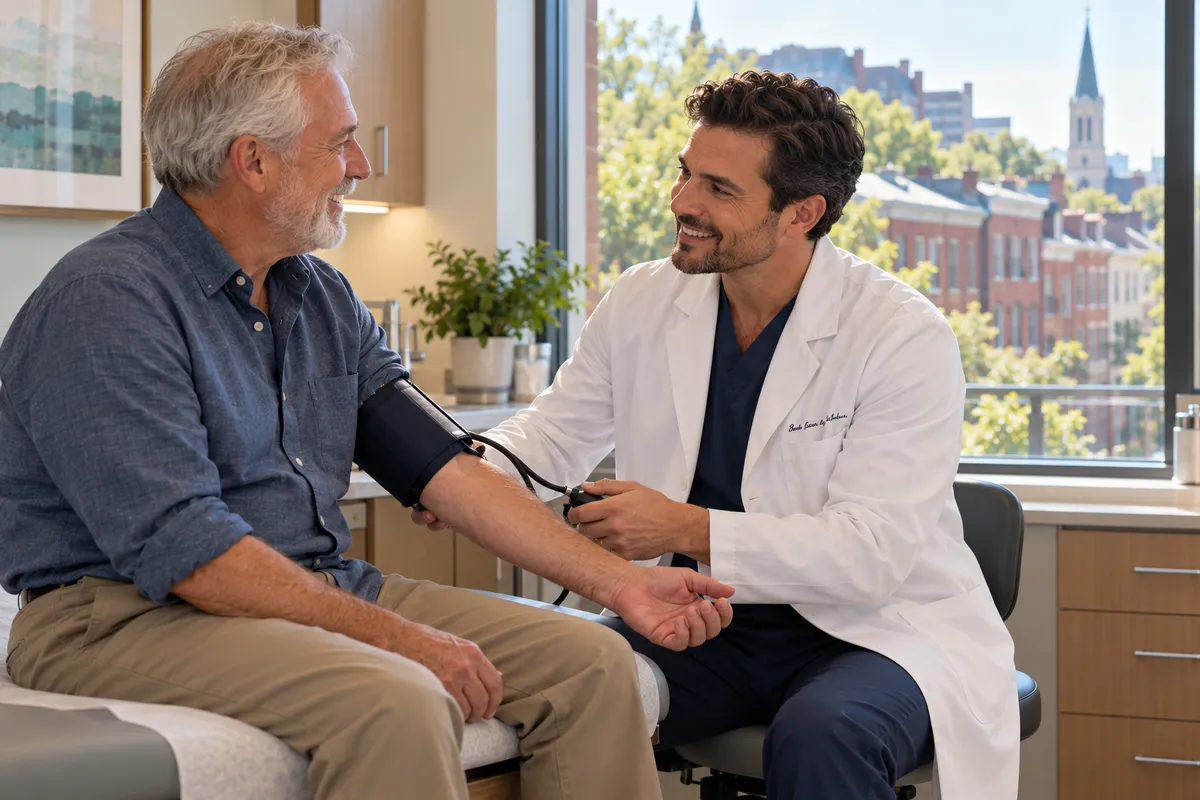 Family medicine physician in a white coat taking an older man's blood pressure in a warm Philadelphia exam room