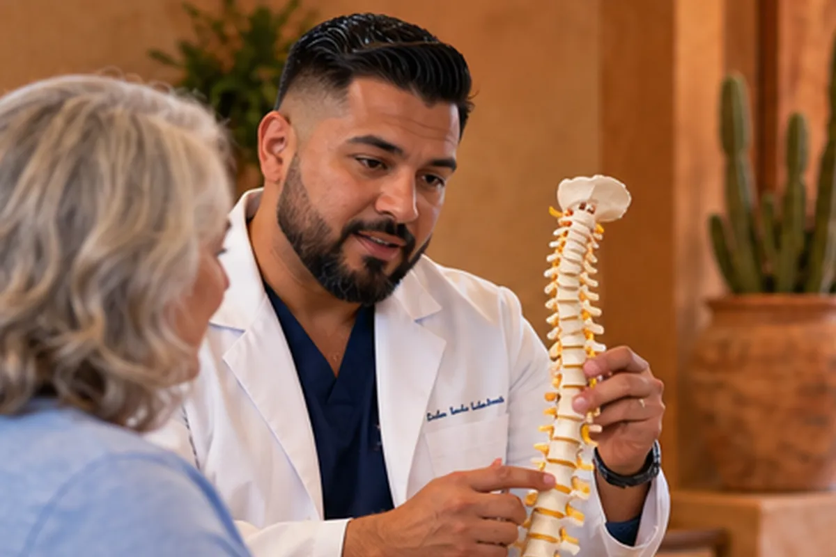 Spine surgeon in a white coat explaining a spine model to an older patient in a sunlit Phoenix clinic with Southwestern decor