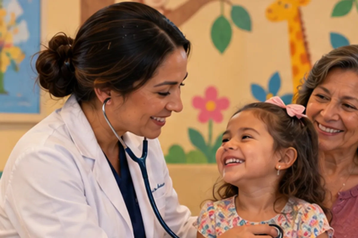 Pediatrician in a white coat listening to a smiling girl's heart with a stethoscope while her grandmother watches in a San Antonio children's clinic