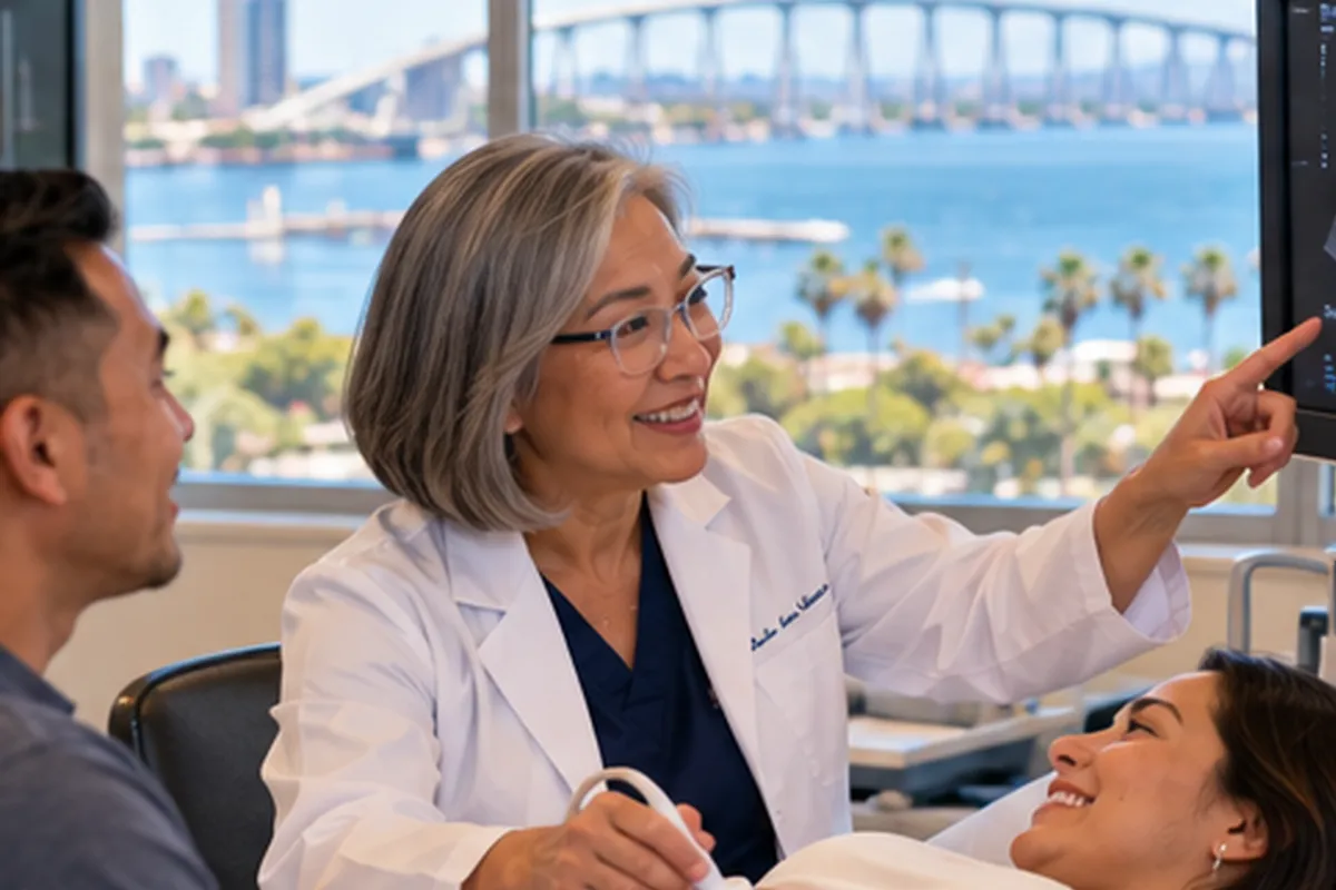 OB-GYN in a white coat performing an ultrasound for an expectant mother and her partner, with San Diego Bay and the Coronado Bridge outside