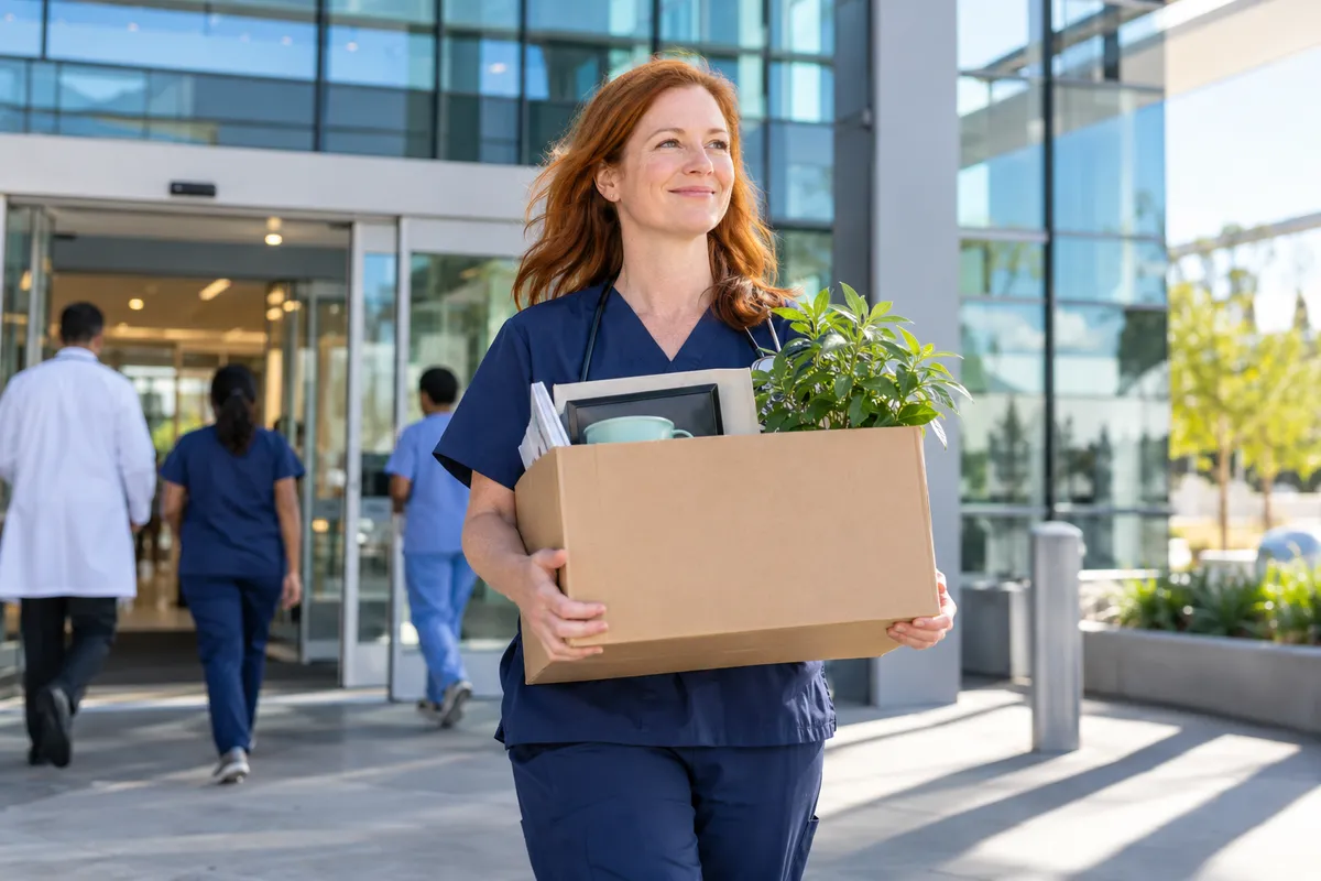Physician in navy scrubs leaving a hospital job, walking out with a box and a plant, looking hopeful
