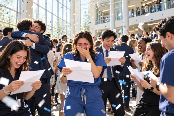 Medical students celebrating Match Day in a bright hospital atrium as they open their residency match letters