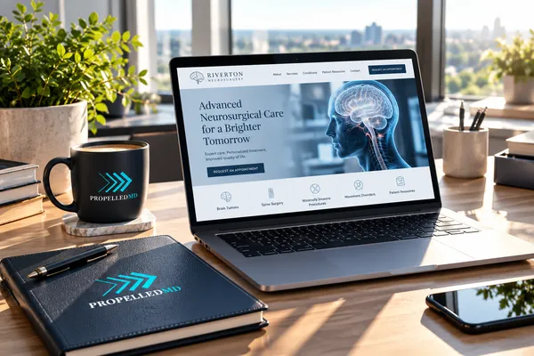 Redesigned neurosurgery practice website on a laptop beside a Propelled MD notebook and coffee mug