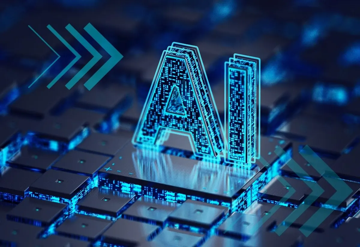 AI rendered in cyan across a circuit board, signaling the AI frontier Propelled MD was built for