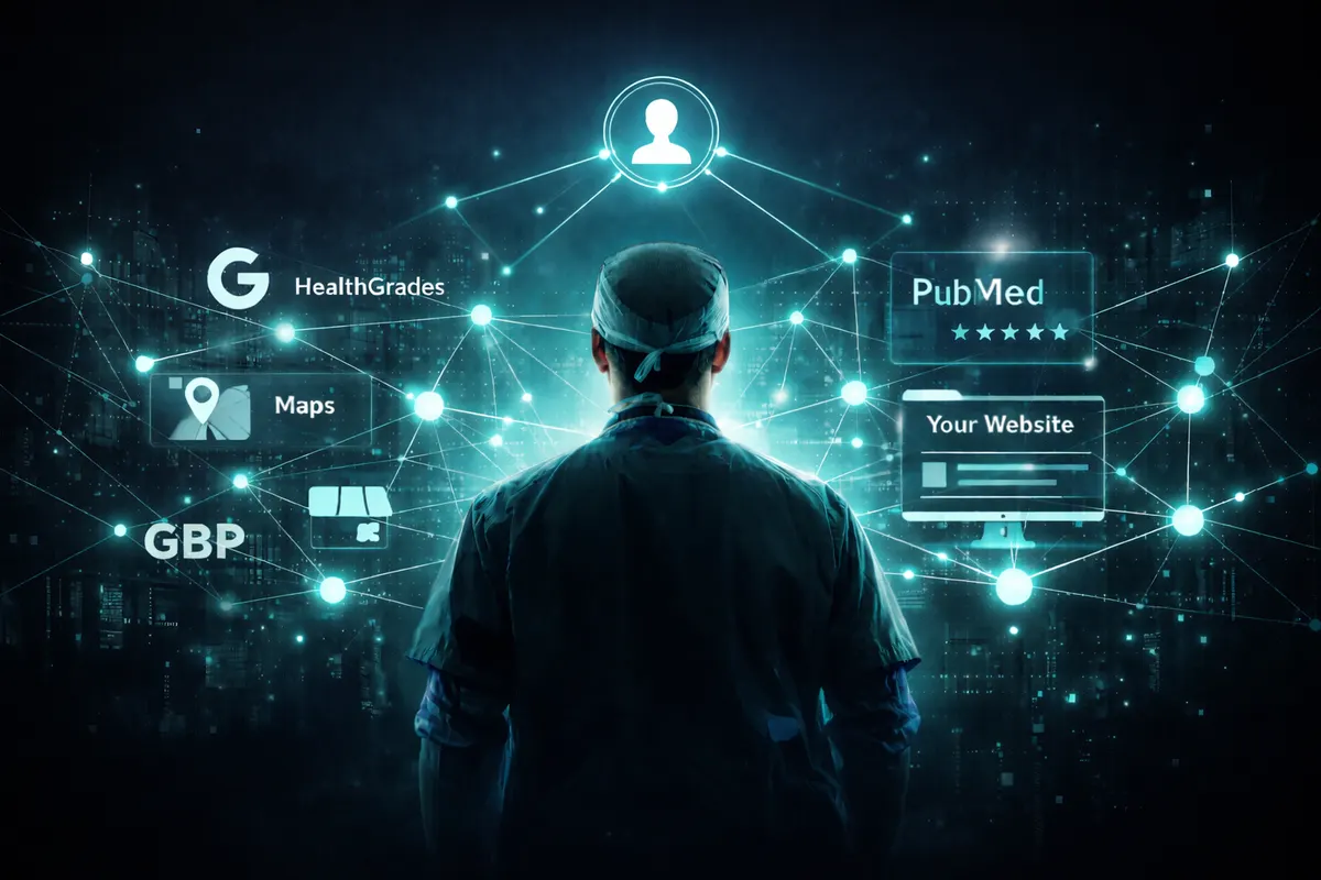 Surgeon facing the entity graph that links their name across GBP, Maps, Healthgrades, PubMed, and their website