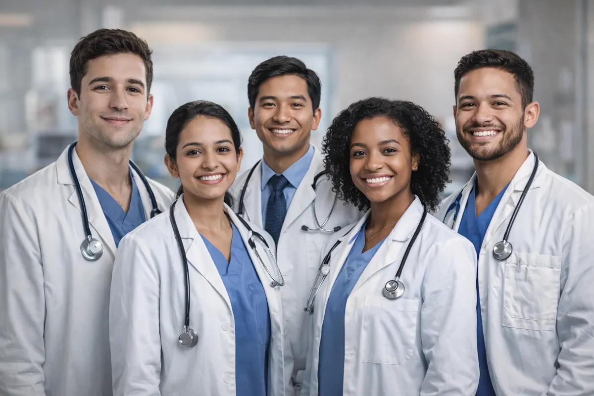 Five smiling newly Matched resident physicians in white coats with stethoscopes