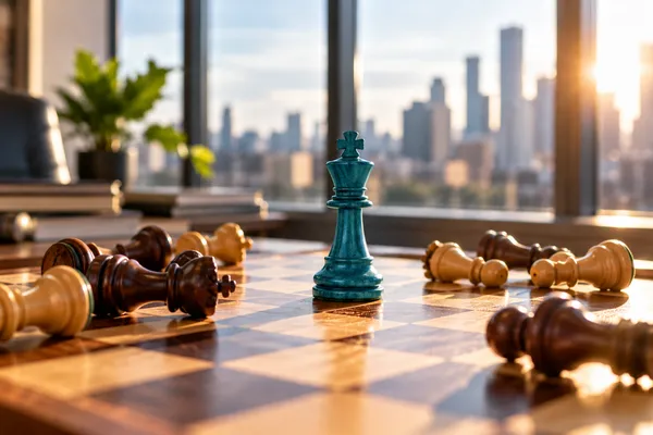 A single teal chess king standing among toppled pieces, the one doctor per market that Propelled MD partners with