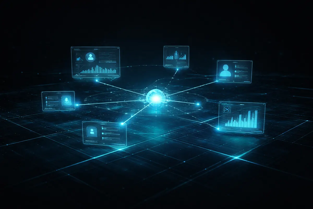 A single glowing hub connected to surrounding practice dashboards, representing one doctor per market