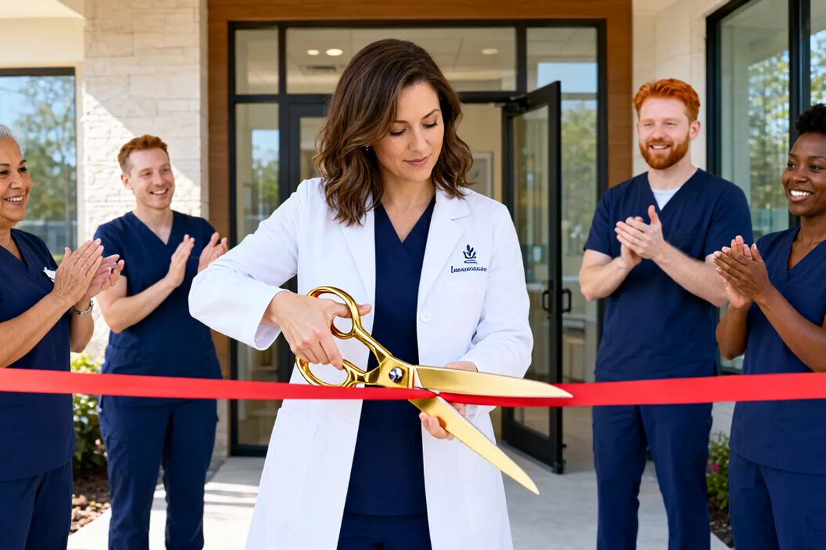 Doctor in a white coat cutting the red ribbon with giant gold scissors at the opening of her new medical practice while her team cheers