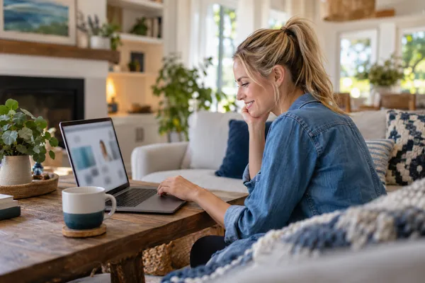 Patient at home searching a doctor's name on her laptop and smiling at what she finds