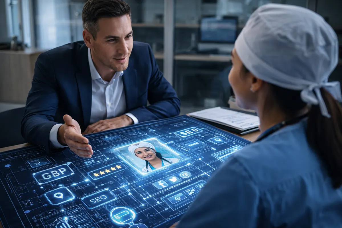 A strategist walking a surgeon through her digital blueprint of SEO, Google Business Profile, reviews, and social profiles
