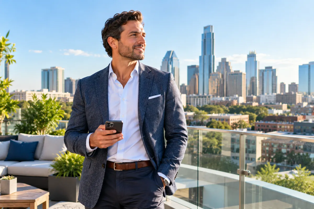 Physician in a sport coat on a sunny city rooftop terrace, phone in hand, planning his next career move