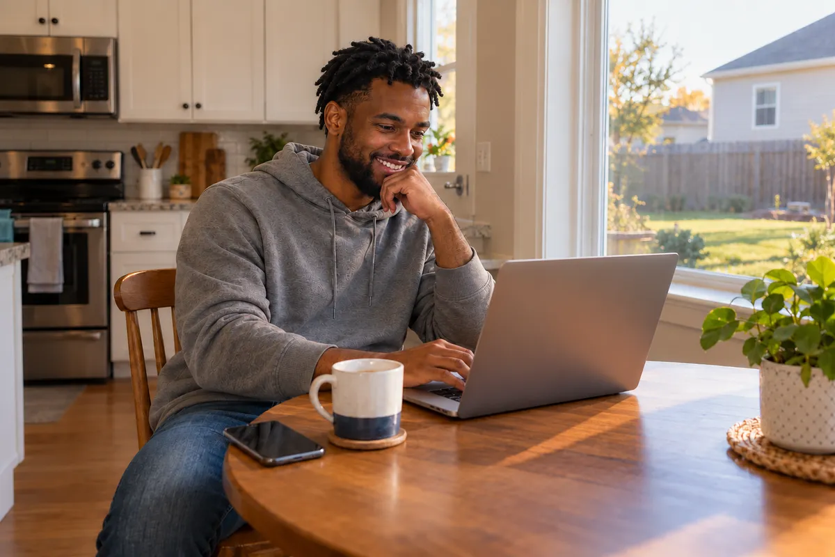 Resident physician in a gray hoodie at his kitchen table at home, smiling at the design of his new personal physician website on a laptop