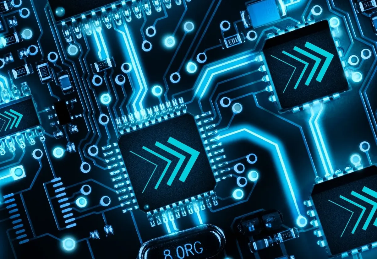 Cyan-lit circuit board with Propelled MD chevrons stamped across the chips, the agency built at the AI frontier