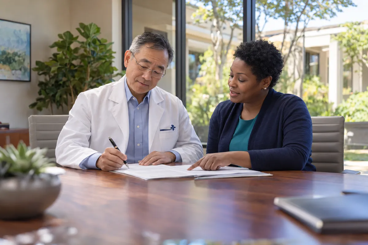 Doctor in a white coat reviewing a contract at a conference table with his practice manager before signing with a medical website company