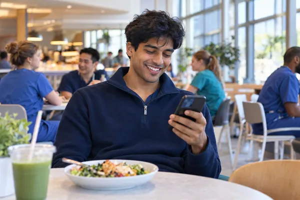 Medical student in a navy quarter-zip in a bright hospital cafe, smiling as he checks his phone over lunch