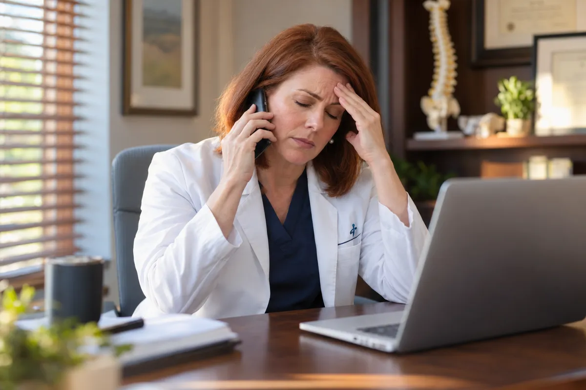 Orthopaedic surgeon in a white coat at her desk, on hold on the phone and frustrated as she waits on a reply about her practice website
