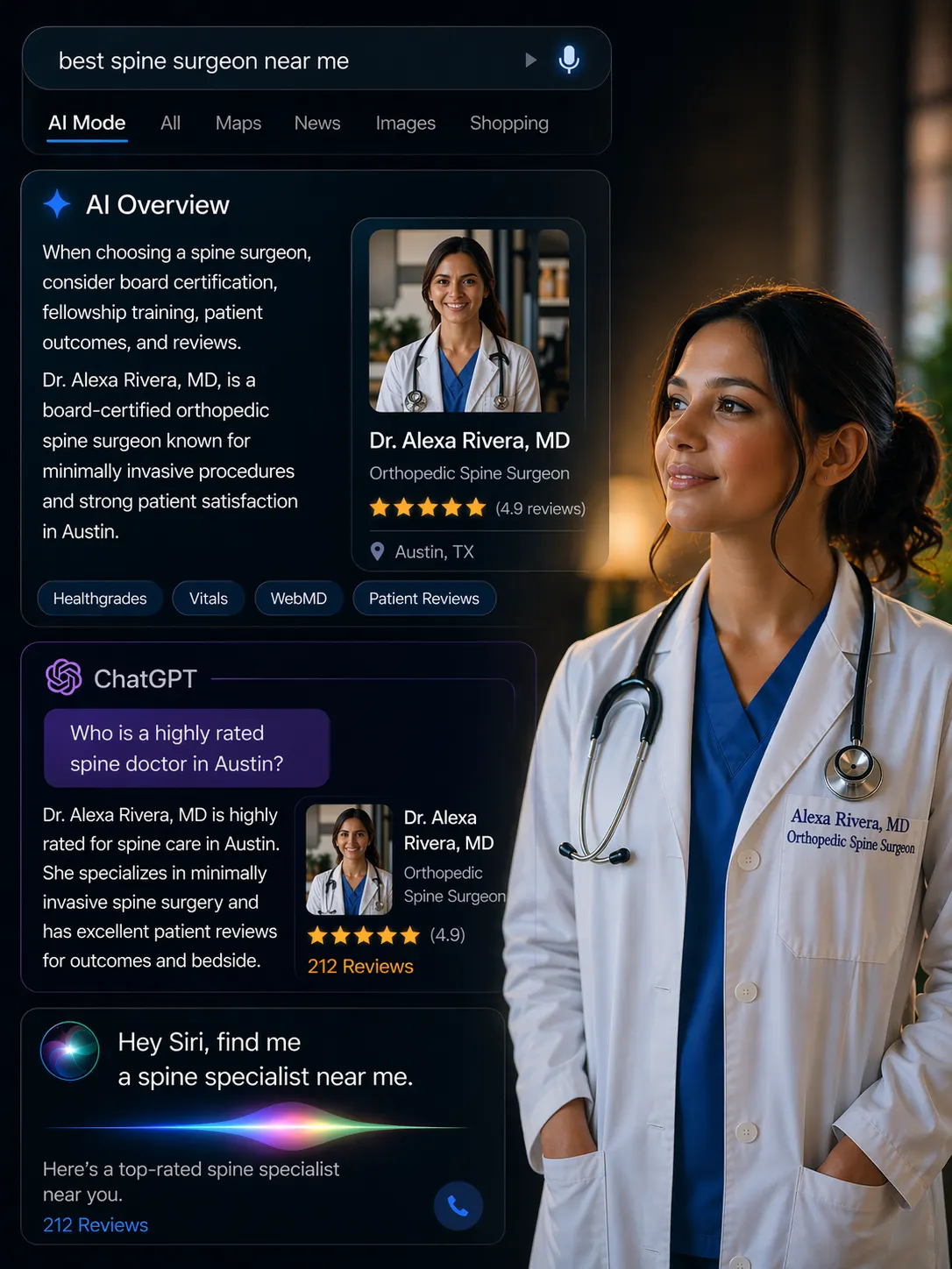 Physician surfaced as the top result across Google AI Mode, ChatGPT, and Siri when patients search for the best spine surgeon in their market