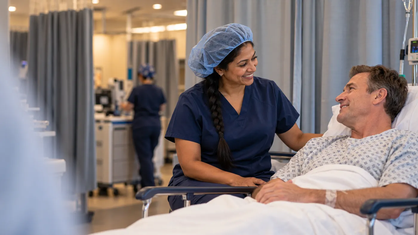 Anesthesiologist in navy scrubs reassuring a patient on a stretcher before surgery, website design for anesthesiologists