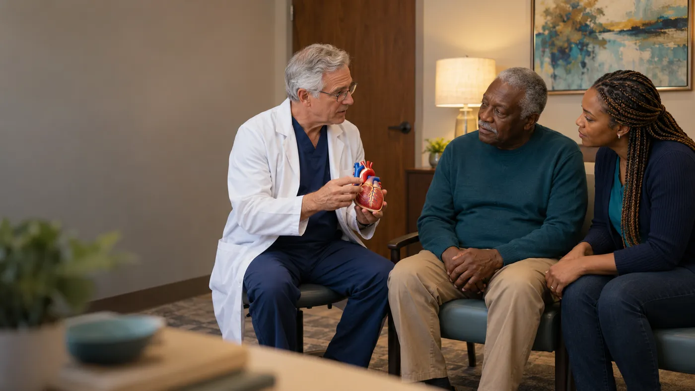 Cardiothoracic surgeon explaining a heart model to a patient and his daughter in a calm consultation room, website design for cardiothoracic surgeons