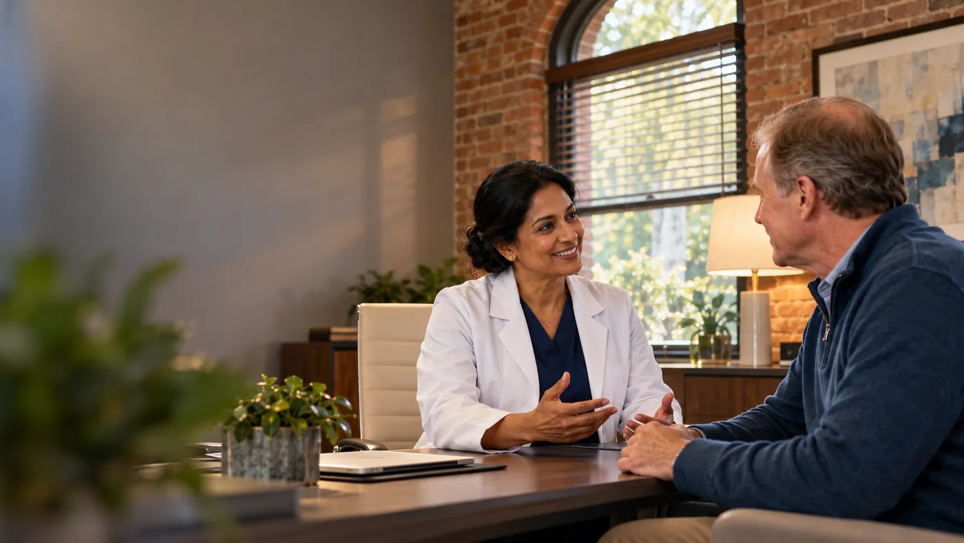 Colorectal surgeon in a white coat talking privately with a relaxed patient in a brick-walled office, website design for colorectal surgeons
