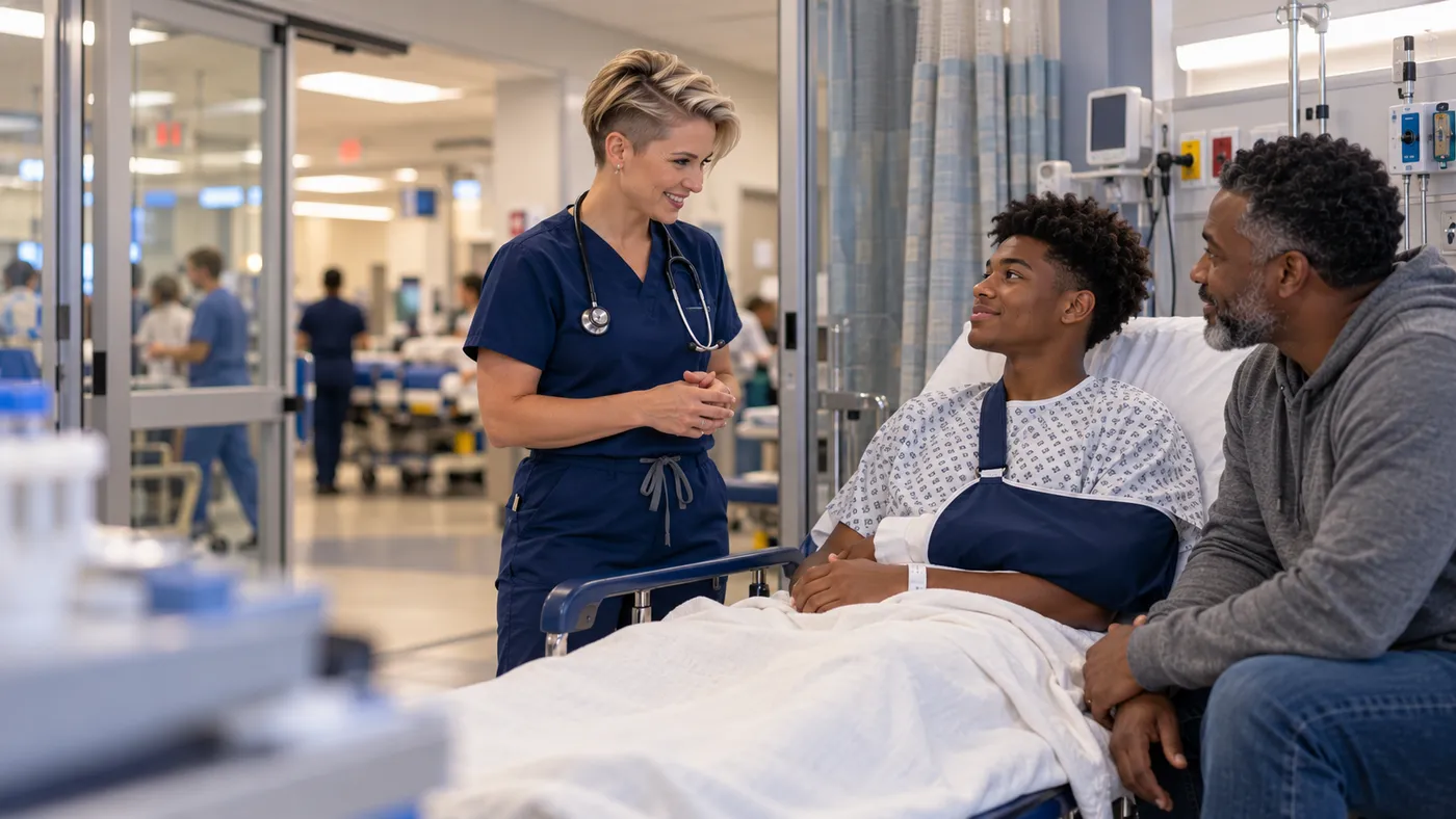Emergency physician in navy scrubs talking with a teen patient and his father in an emergency department bay, website design for emergency physicians