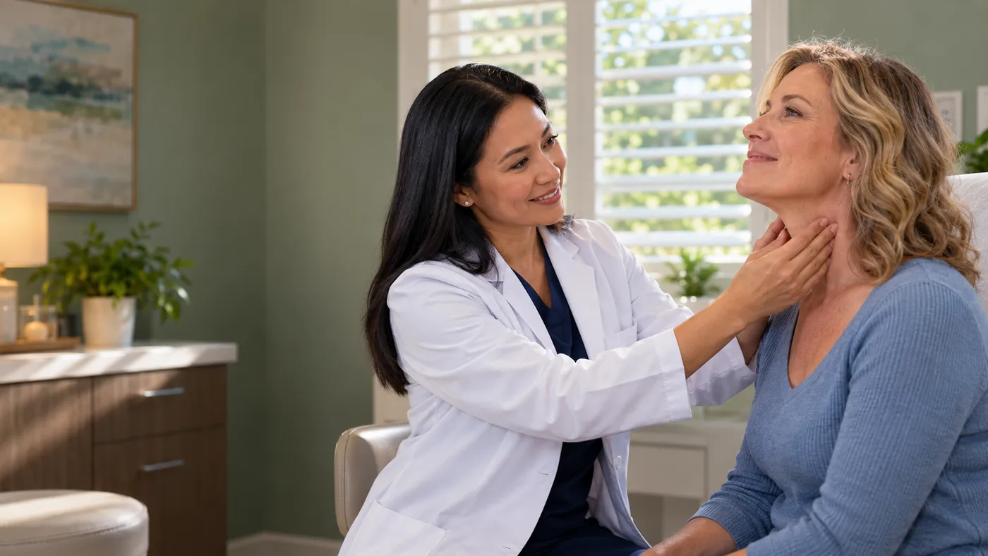 Endocrinologist gently checking a smiling patient’s thyroid in a bright exam room, website design for endocrinologists