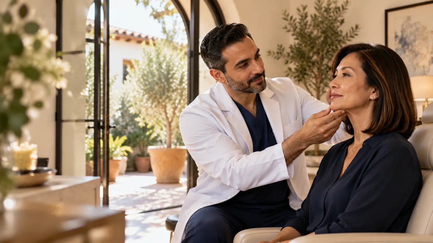 Facial plastic surgeon gently studying a patient’s profile in a sunny Spanish-style consultation suite, website design for facial plastic surgeons