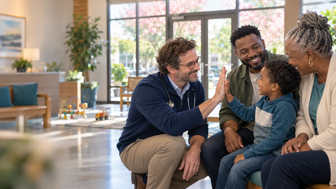 Family doctor giving a young boy a high five in a small-town clinic lobby while his father and grandmother laugh, website design for family medicine doctors