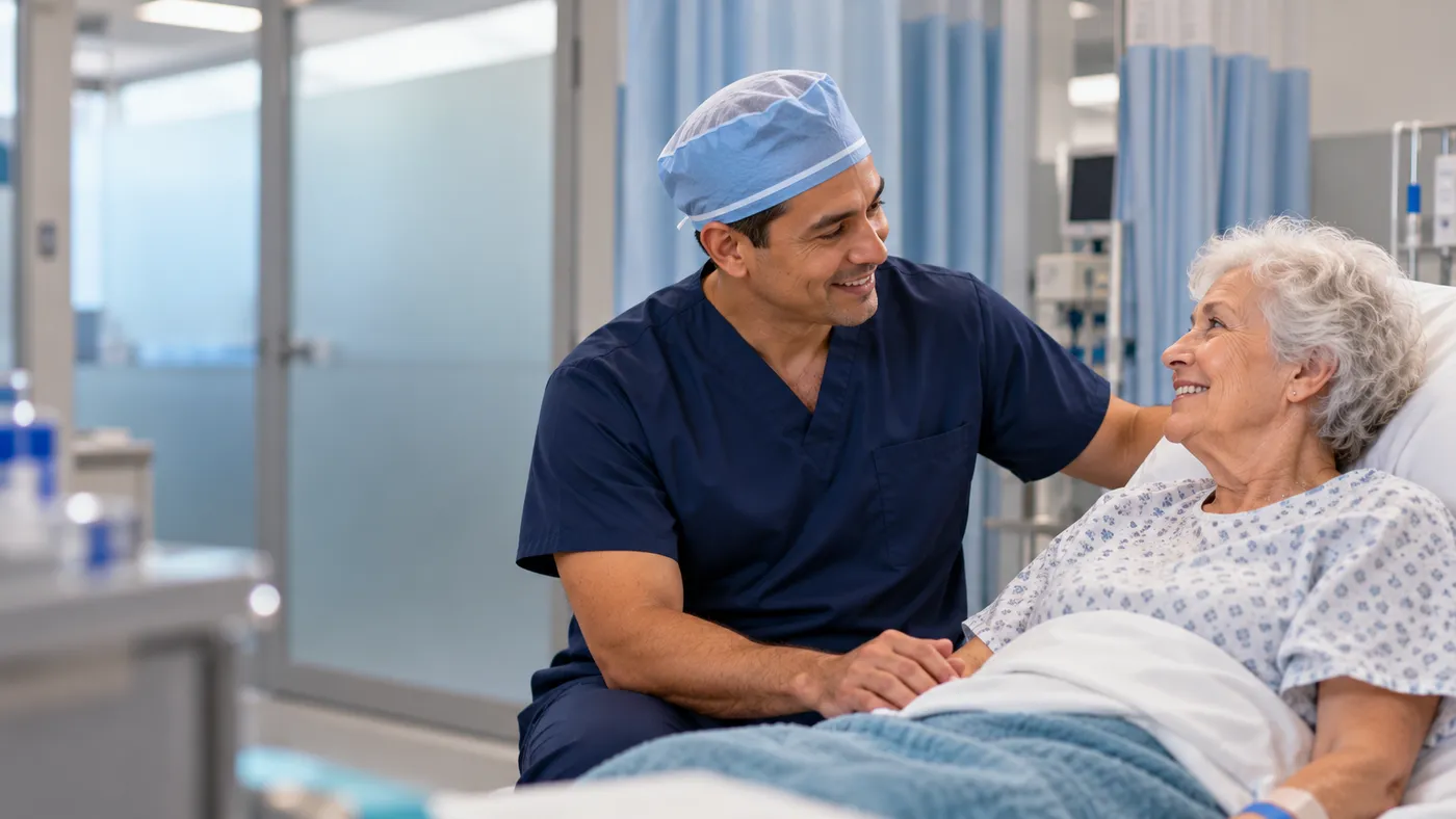 General surgeon in navy scrubs reassuring an older patient in a pre-op bay, website design for general surgeons