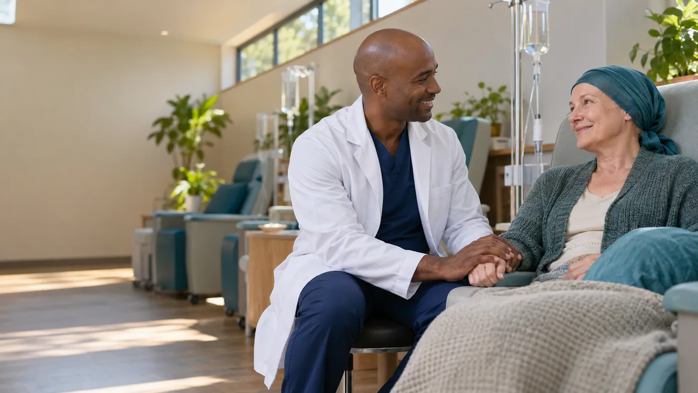 Hematologist-oncologist holding the hand of a patient in a teal headscarf in a calm infusion suite, website design for hematologist-oncologists