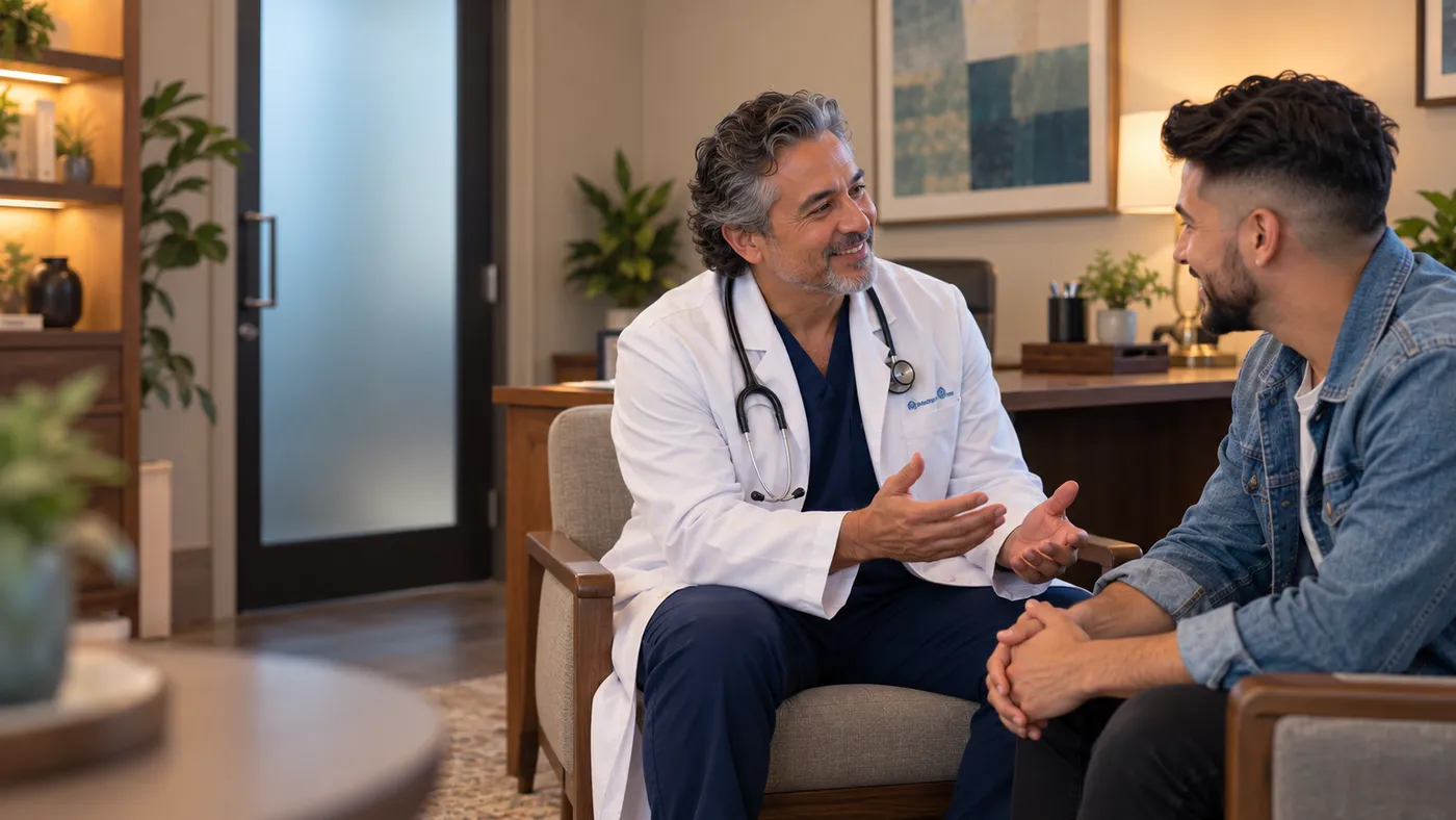 Infectious disease physician talking warmly with a young patient in a private consultation room, website design for infectious disease doctors