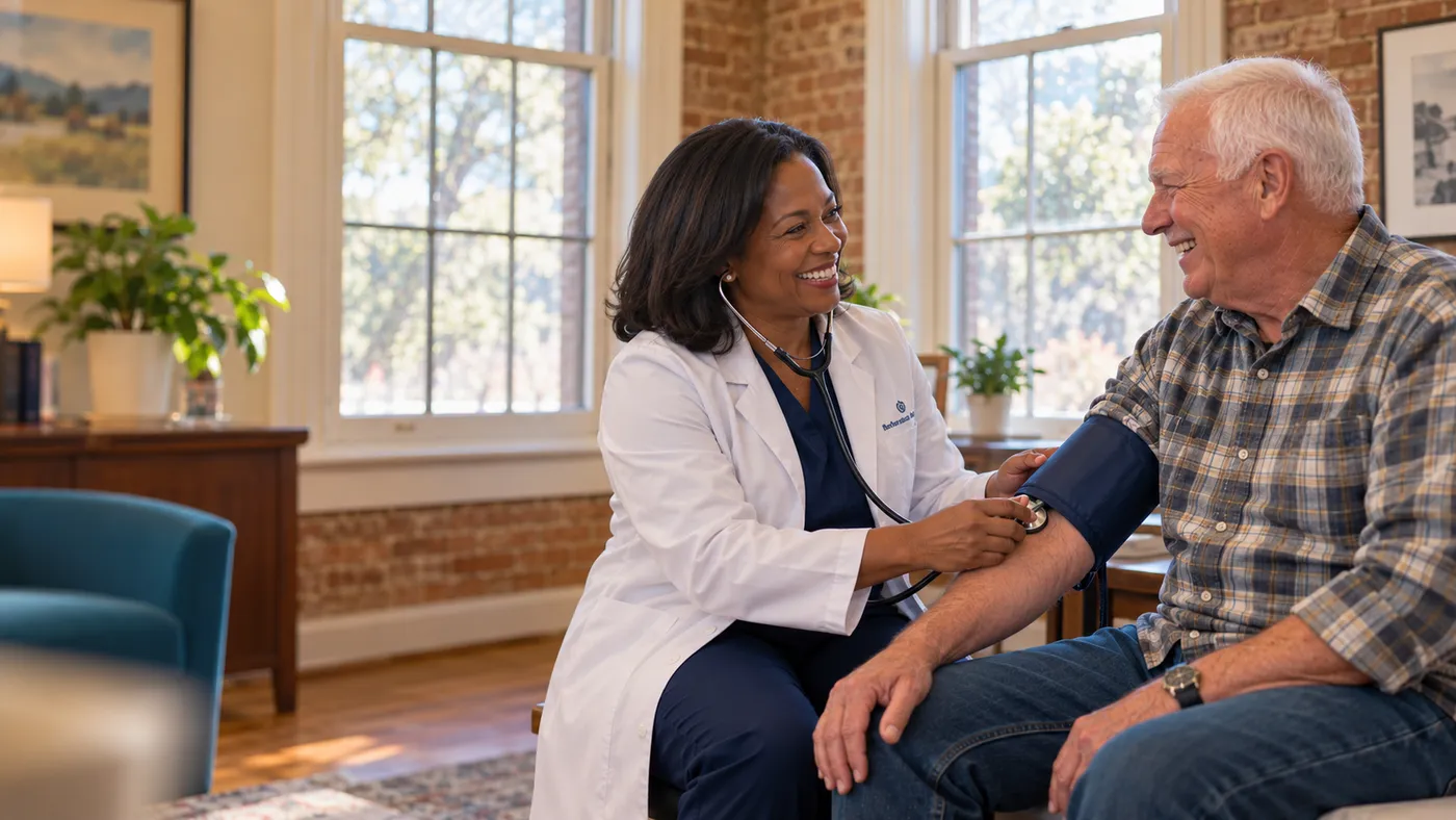 Internal medicine doctor checking an older patient’s blood pressure in a historic brick office, website design for internal medicine doctors